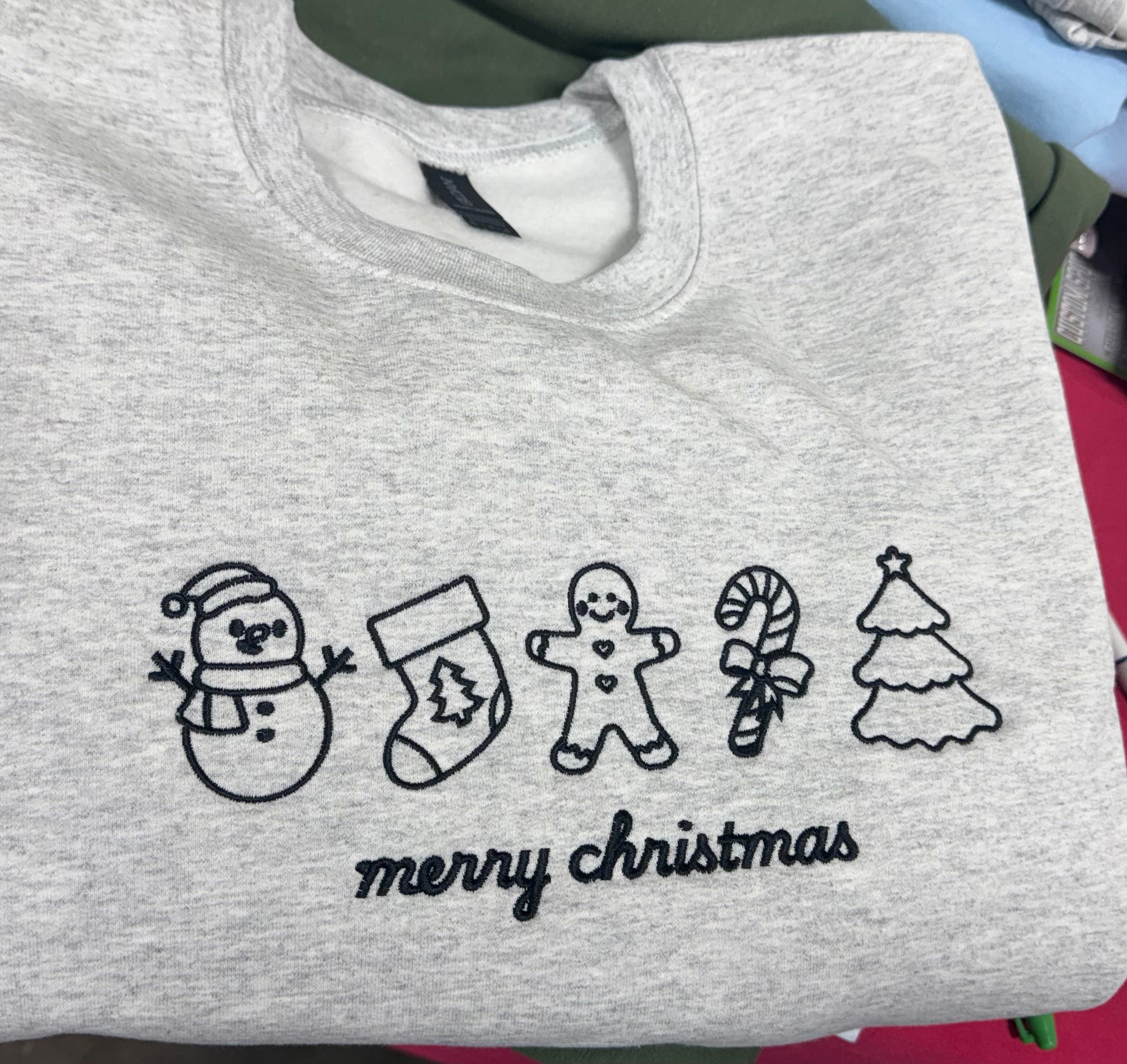 Custom Embroidered Personalized “Merry Christmas” Icons Sweatshirt or Hoodie – Minimalist Holiday Gift