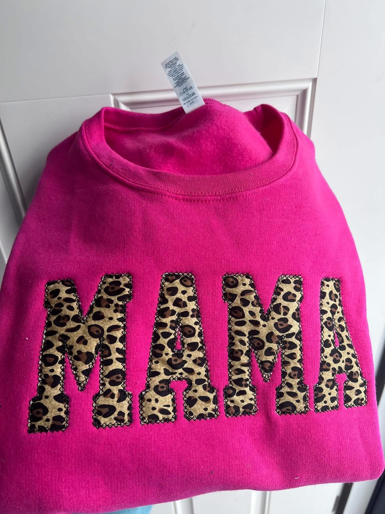 Cheetah Print "MAMA" Varsity Embroidered Crew Neck Sweatshirt | Customizable Women’s Sweatshirt | Stylish & Cozy