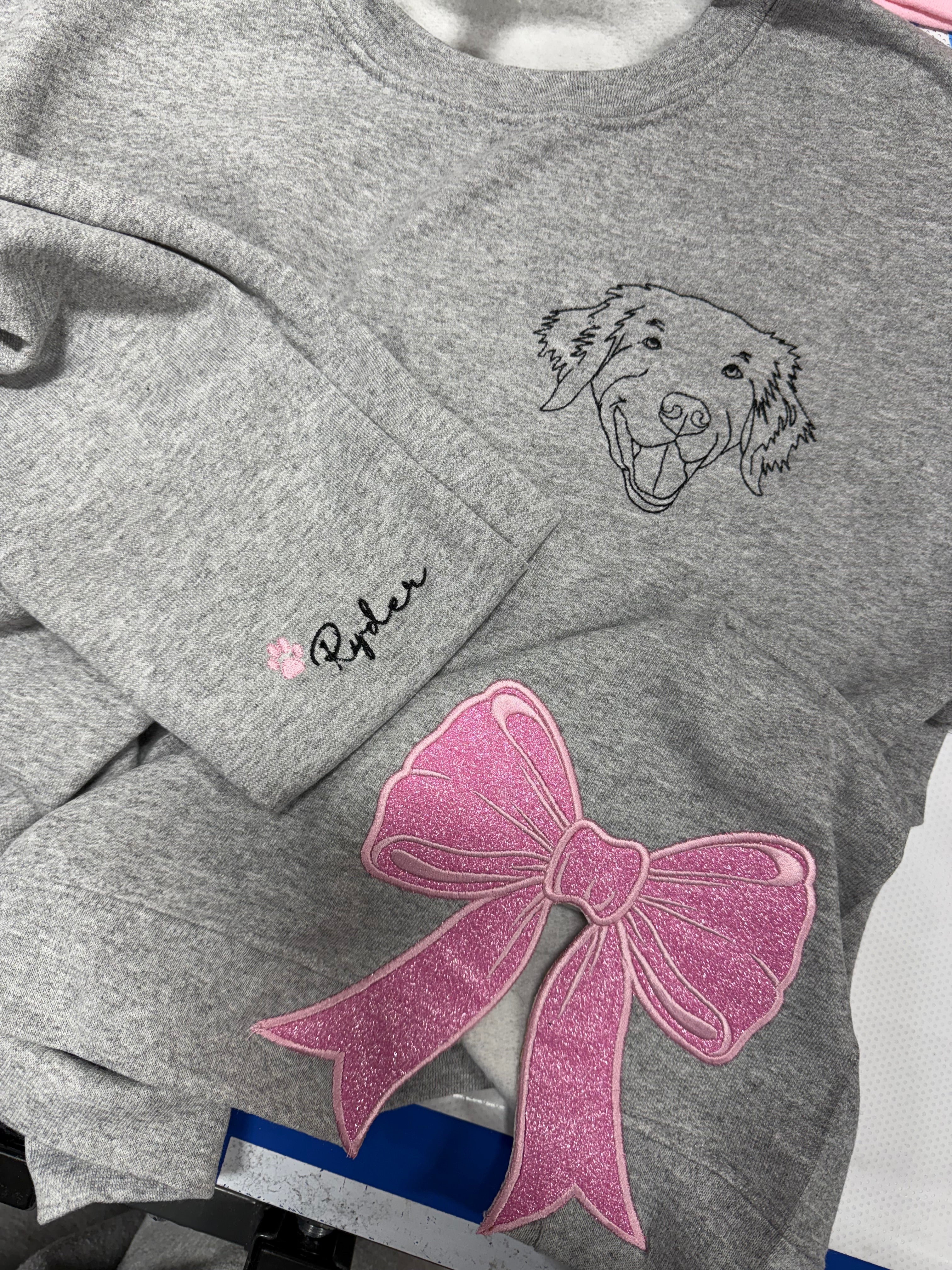 Personalized Embroidered Side Bow Dog Lover Sweatshirts – Custom Breed, Glitter Applique | Perfect Gift for Dog Moms!