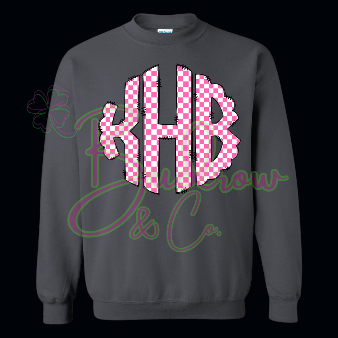 Pink checkered monogrammed crew