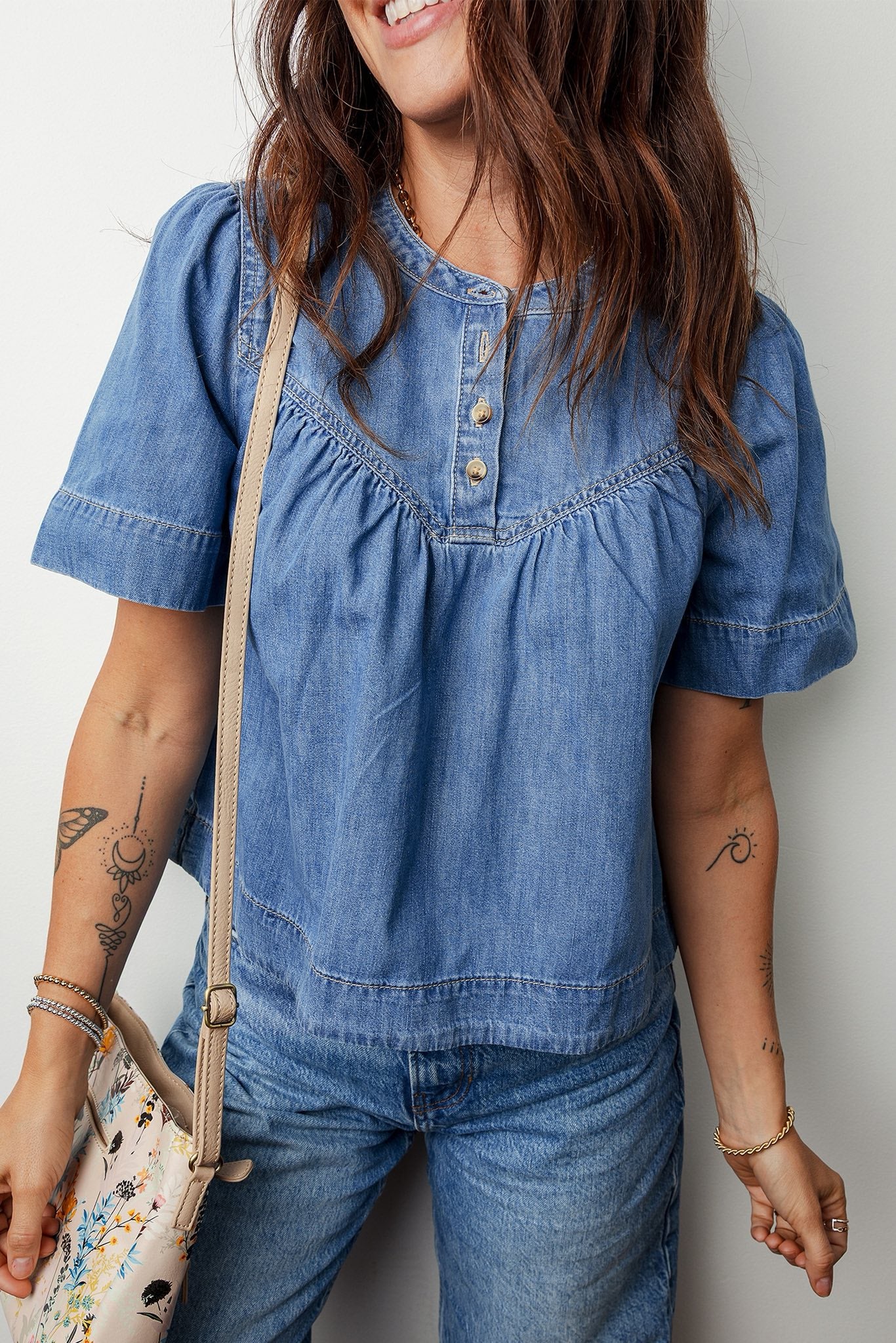 Blue PLeated Denim Top
