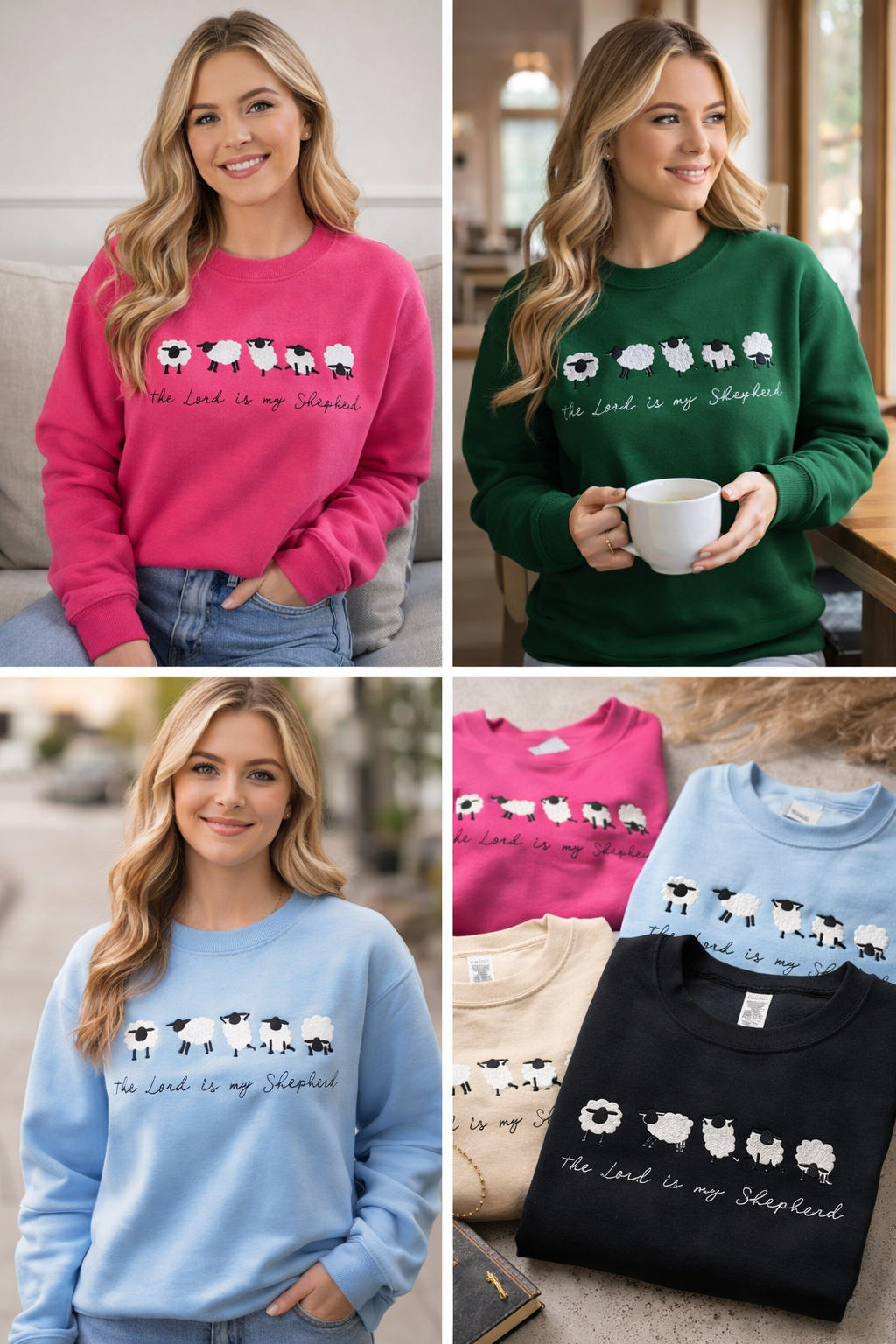 Woman modeling The Lord Is My Shepherd embroidered crewneck sweatshirt in multiple colors