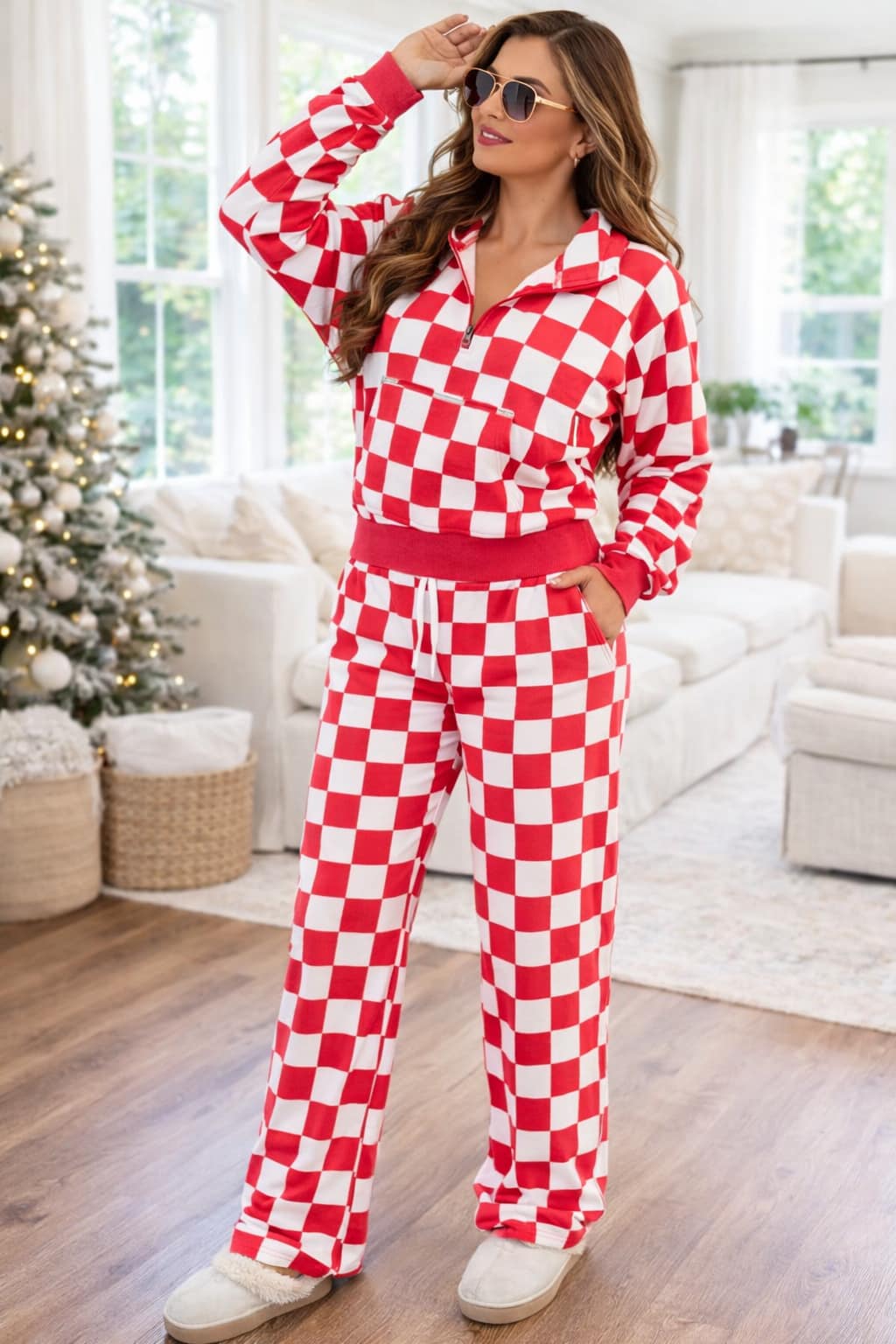 Red Checkered Hoodie Set