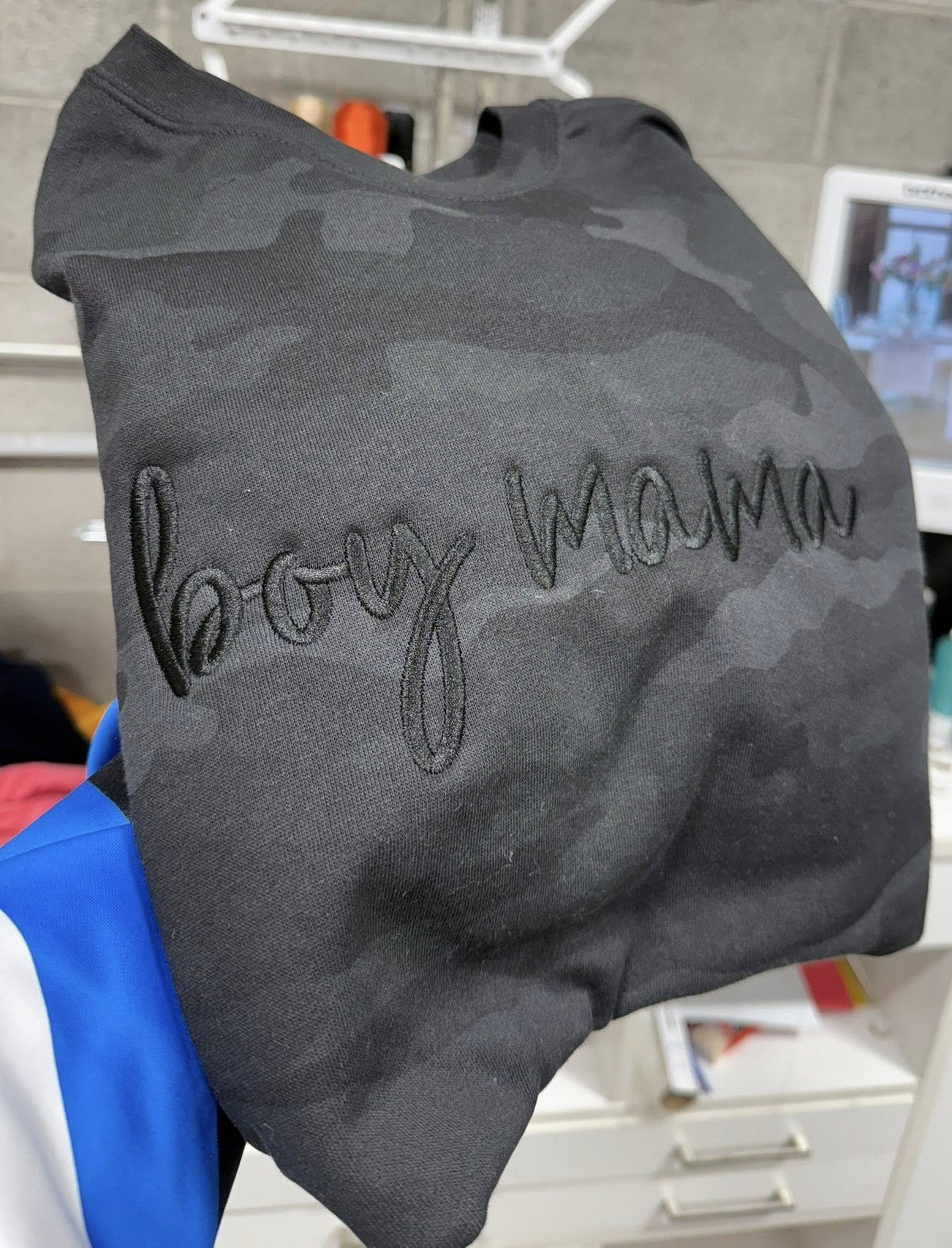 Custom Embroidered Script Crewneck Sweatshirt | Black Camo Personalized Sweatshirt