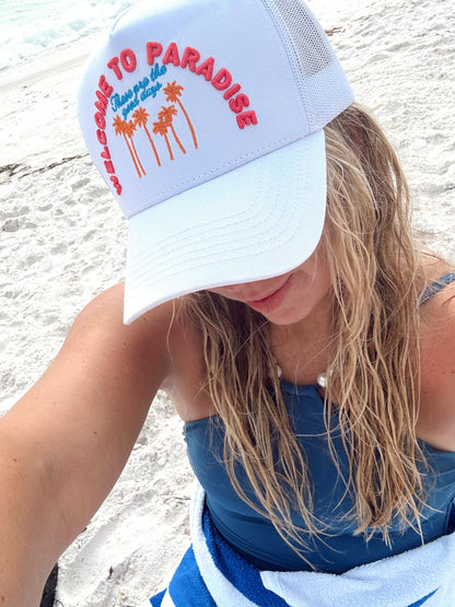 Welcome to Paradise - White Vintage Trucker Hat