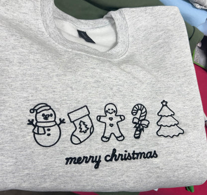 Custom Embroidered Personalized “Merry Christmas” Icons Sweatshirt or Hoodie – Minimalist Holiday Gift