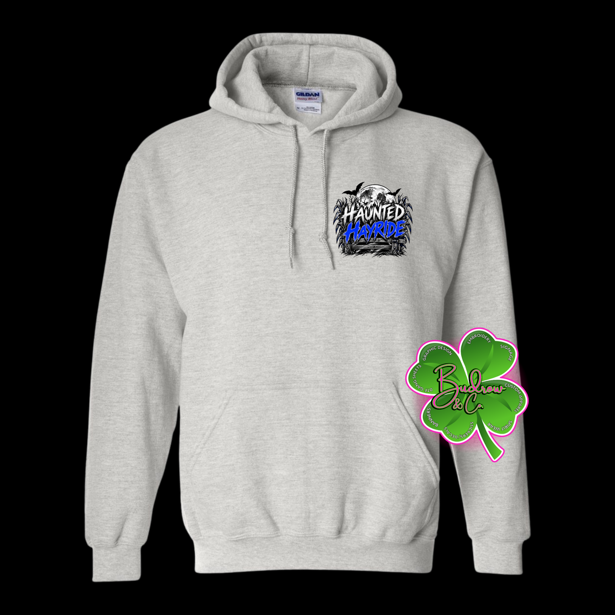 HAUNTED HAY RIDE - POCKET FRONT &amp; BACK DESIGN HOODED SWEATSHIRT