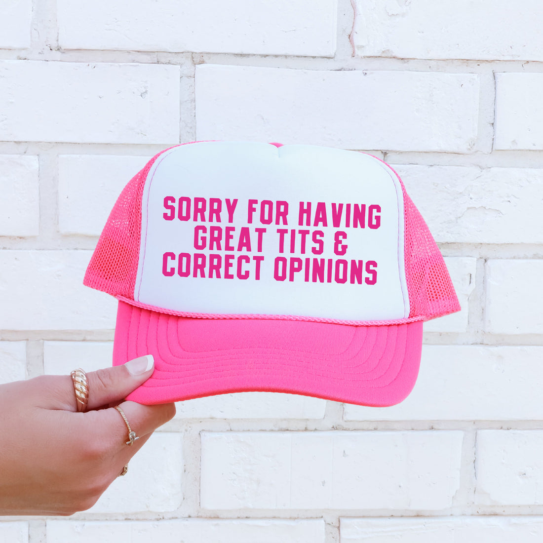 Sorry for Having Great Tits & Correct Opinions, Sassy, Funny, Bright Pink Snapback Trucker Hat