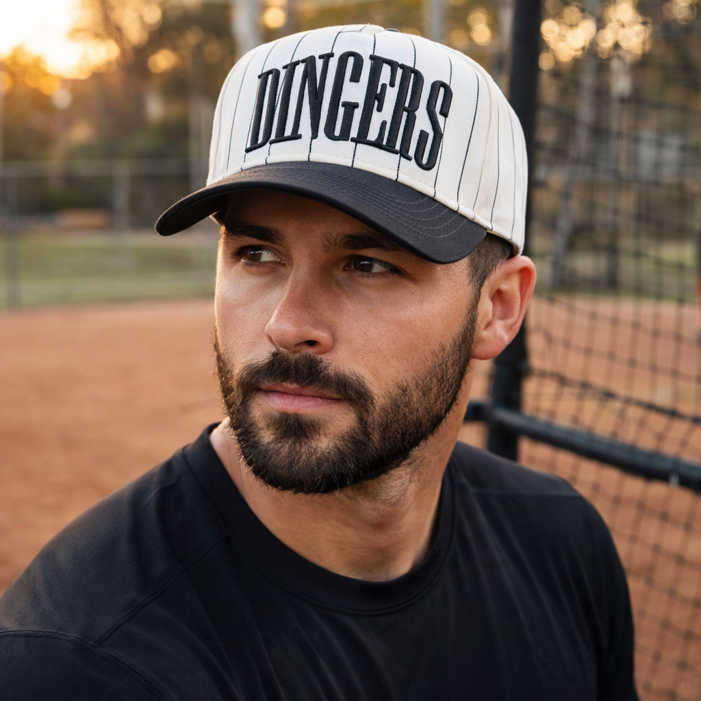 Model wearing DINGERS pinstripe baseball trucker hat at a baseball field