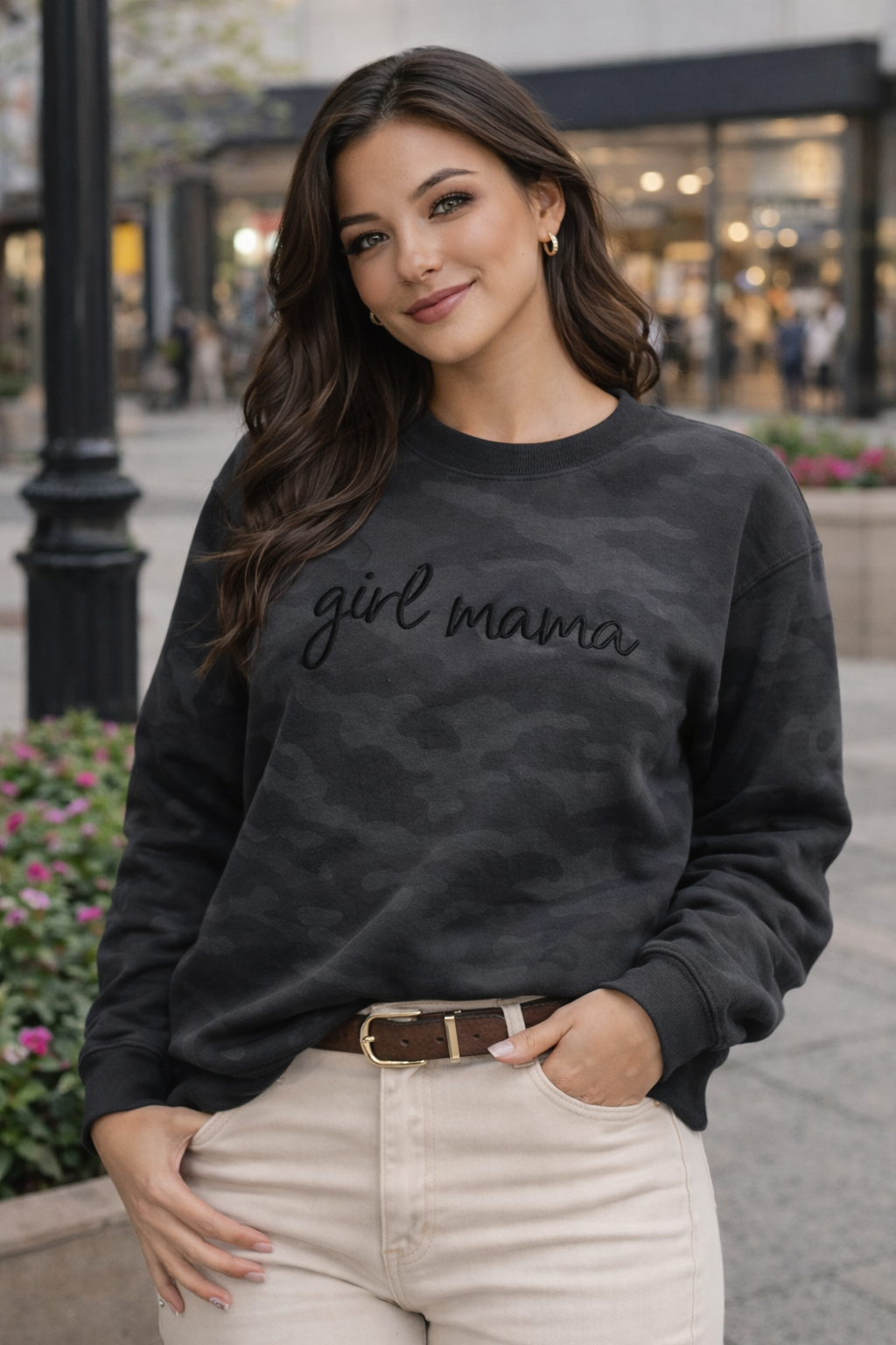 Custom Embroidered Script Crewneck Sweatshirt | Black Camo Personalized Sweatshirt