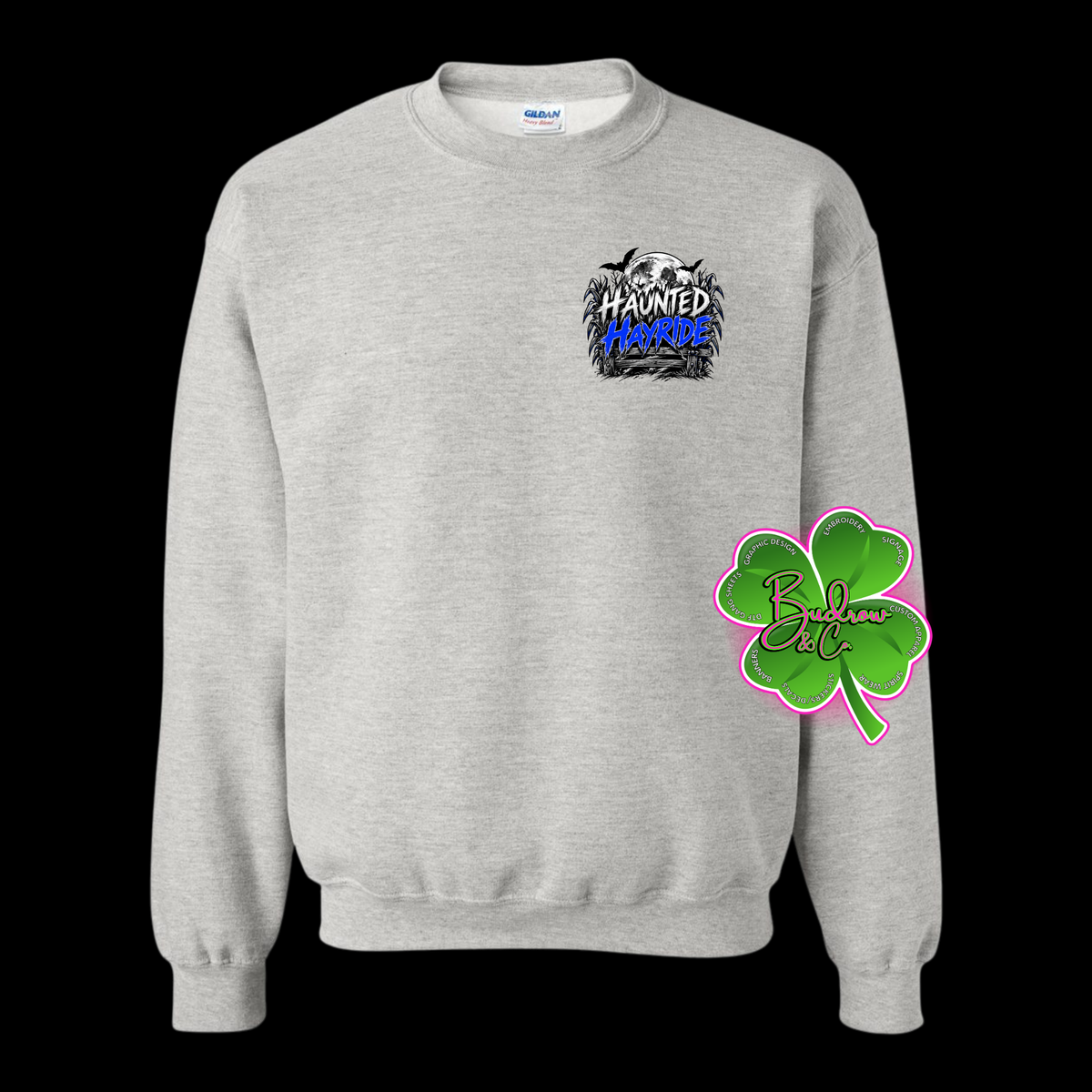 HAUNTED HAY RIDE - FRONT &amp; BACK DESIGN CREWNECK SWEATSHIRT