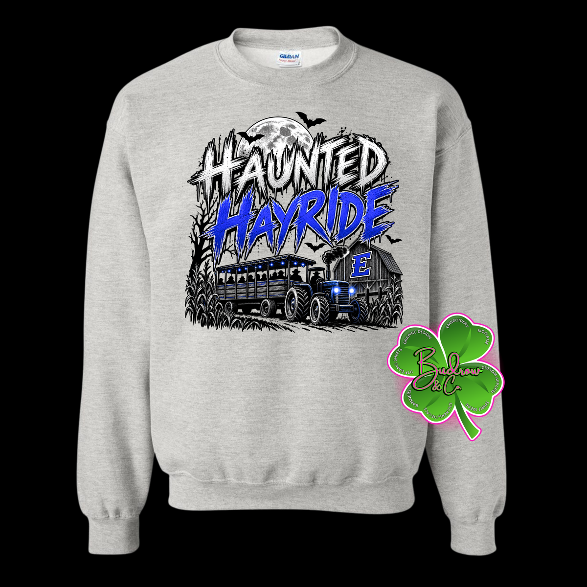 HAUNTED HAY RIDE - FRONT &amp; BACK DESIGN CREWNECK SWEATSHIRT