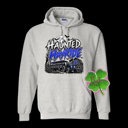 HAUNTED HAY RIDE - POCKET FRONT &amp; BACK DESIGN HOODED SWEATSHIRT