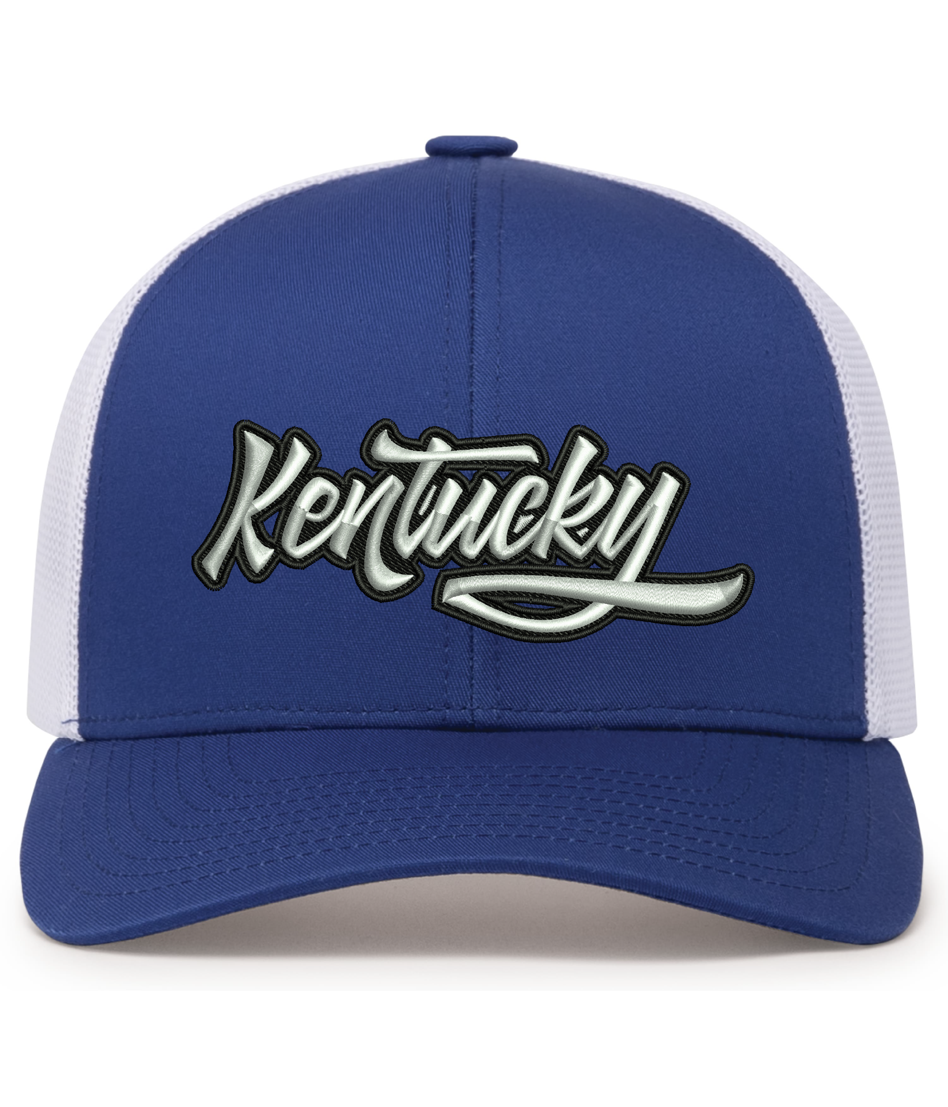 Kentucky 3D Embroidered Hat – Pacific Headwear 104C Trucker | White &amp; Royal Blue Snapback Mesh Cap | State Pride Baseball Hat