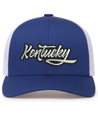 Kentucky 3D Embroidered Hat – Pacific Headwear 104C Trucker | White &amp; Royal Blue Snapback Mesh Cap | State Pride Baseball Hat